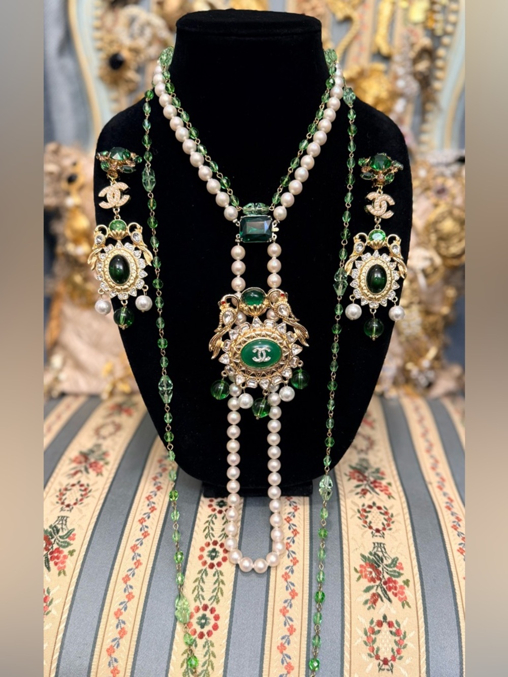 Green Crystal, Pearl & Gold-Tone Pendant Necklace with Matching Coro Earrings